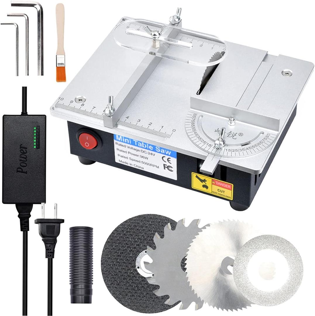 Mini Table Saw for Crafts S3 Portable Precision Table Saw,96W mini Desktop Electric Saw 7 Speed Adjustable,DIY Model Crafts Cutting Tool with 4 Blades for Wood Plastic Acrylic Cutting