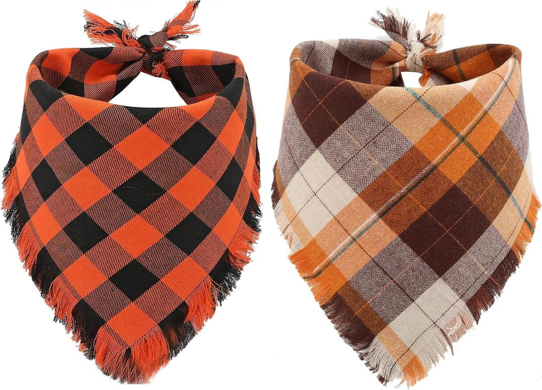 Fall Dog Bandana Autumn Thanksgiving Plaid Reversible Triangle Bibs Scarf Accessories for Dogs Pet