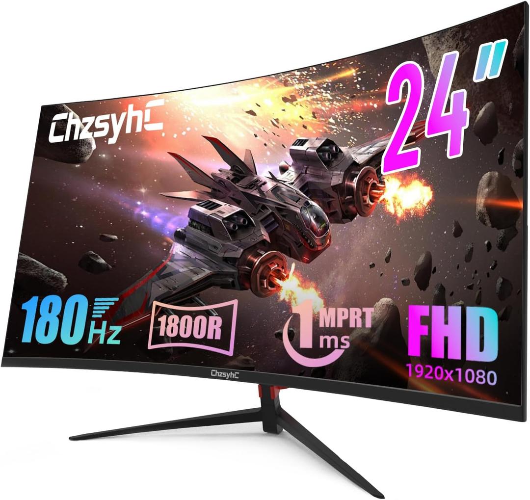 24 Inch Curved 180Hz Gaming Monitor, 1800R Curved Gaming Monitor, 1ms MPRT, FHD(19201080P), Freesync, HDMI2.0,DP1.4, VESA Mountable(HDMI Cable Incl.)