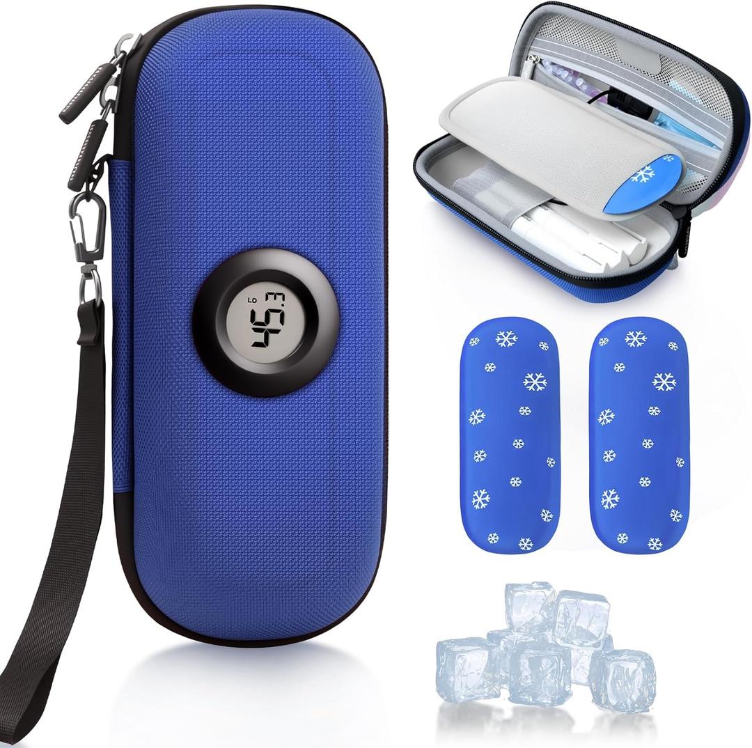 Krypthos Insulin Cooler Diabetes Travel Case with Thermometer Temperature Display, Refrigerated Medication Travel Bag, Vials Organizer Bag with 2 TSA Approved Ice Pack for Daily Trip (Blue)