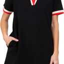Polo Mini Dress for Women Casual V Neck Short Sleeves Tennis Dress Contrast Trim Shirt Dress with Pockets (Small, Black)