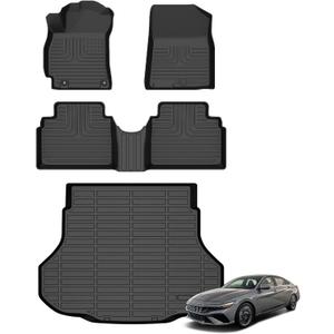 Floor Mats & Cargo Liner for Hyundai Elantra/Elantra N 2021-2026 (Not for Hybrid) All Weather Automotive TPE Liners Set Anti-Slip Waterproof Floor Liners Accessories (Car Mats+Trunk Mat) Black
