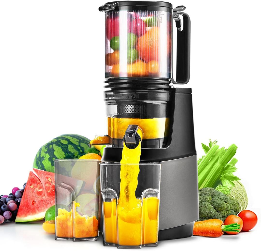 Cold Press Juicer,Slow Masticating Juicer Machines with 5.3" Large Feed Chute for Most Fruits and Vegetables,Easy to Clean Lemon Orange juicer with 250W Motor and High Juice Yield,Deep Grey