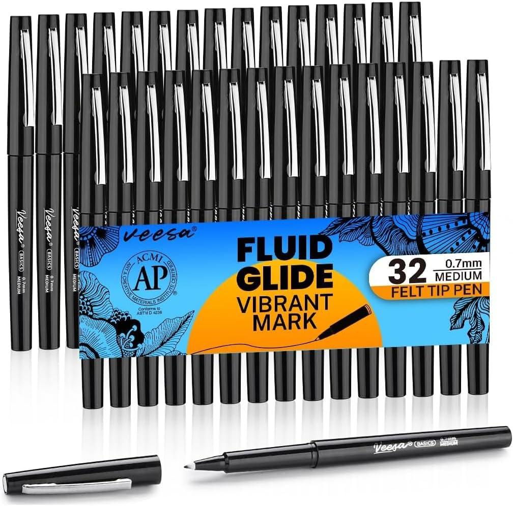 VEESA Felt Tip Pens Black, Medium Point (0.7mm), 32 Pack Felt Tip Markers for Writing, Journal, Planner Coloring, Note Taking, School Supplies for Teachers