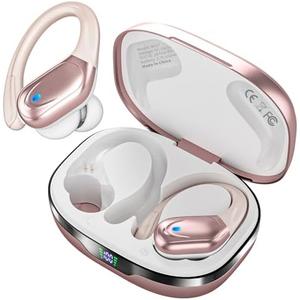HAOYUYAN Sports Bluetooth Headphones, 80Hrs Playtime Wireless Earbuds with LED Power Display, IPX7 Waterproof Earphones for Workout/Running, Noise Canceling Headset Ear Buds（Rose Gold）