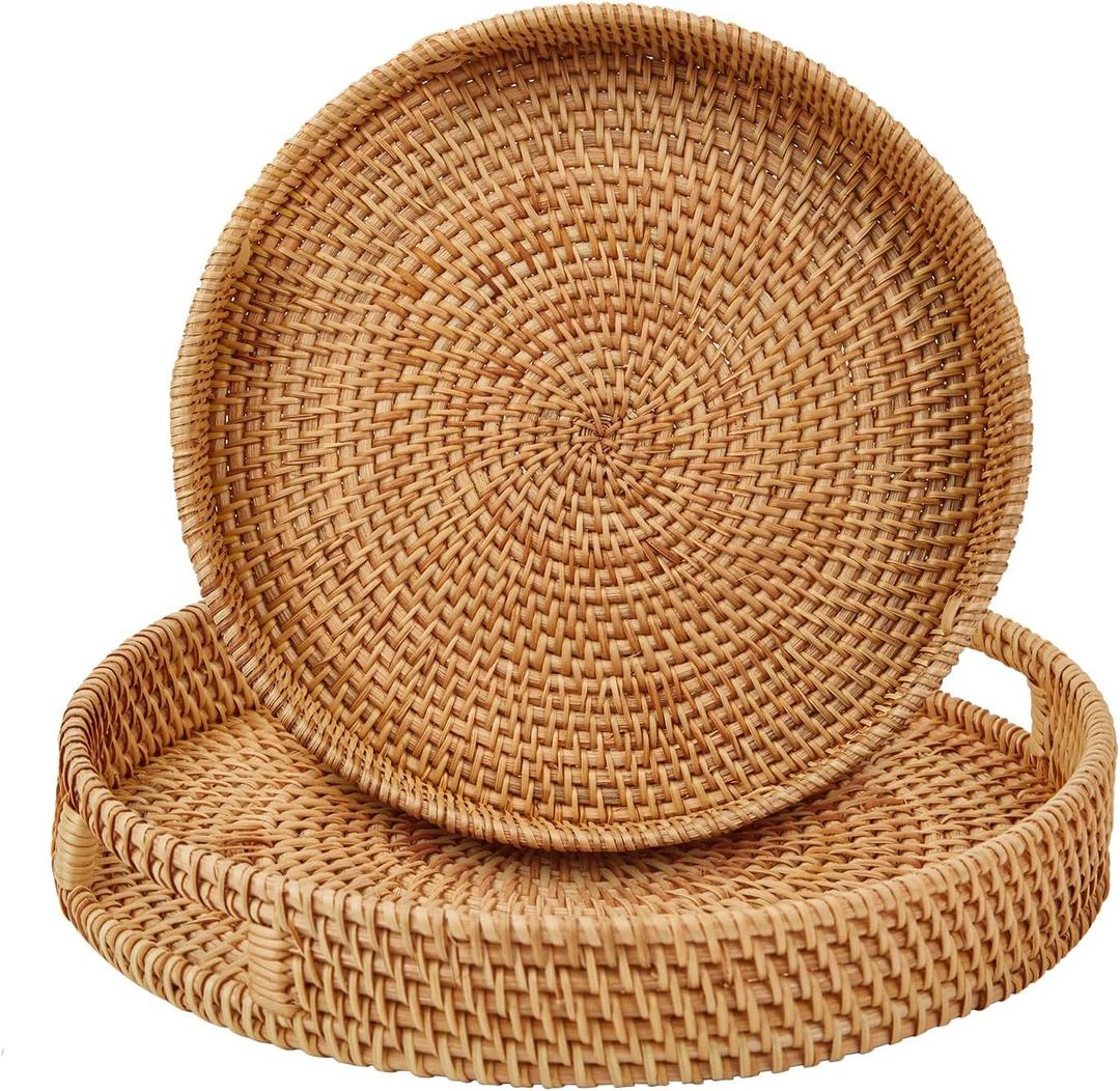 Round Rattan Serving Tray with Handles,2 Hand Woven Basket, Home Decor Organizer Tray for Breakfast, Tea, Snack, Fruit, Coffee, Storage (Large + Medium)(14.17inchX2.3inch+11.9inchX1.7inch