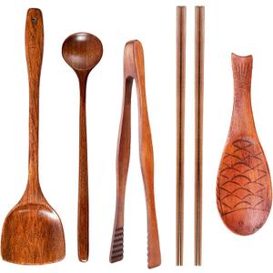 FJNATINH Wok Utensils Wooden Cooking Utensils Tools 6 PCS Wooden Spatula, Barbecue Tongs,Wok Shovel, Cooking chopsticks,Long Spoons,Nanmu Fish Shaped Rice Spoon Accessories