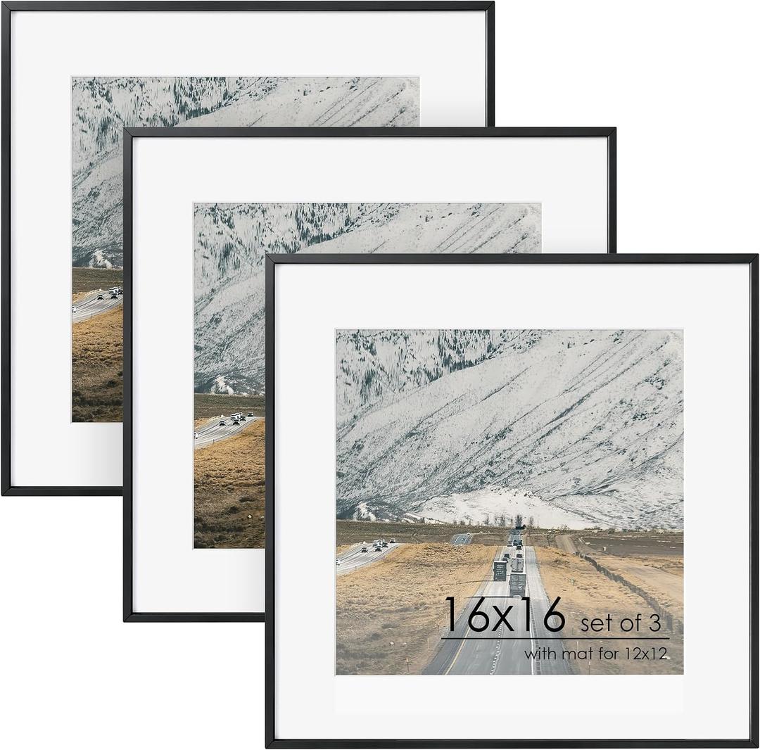 FLYJOE 16x16 Metal Square Picture Frame For Wall With Mat For 12x12, 16''x16'' Aluminum Photo Frames With Tempered Glass, Minimalist Modern Poster Frame Horizontally Vertically Set of 3, Black, 16''x16''-3P Real Glass