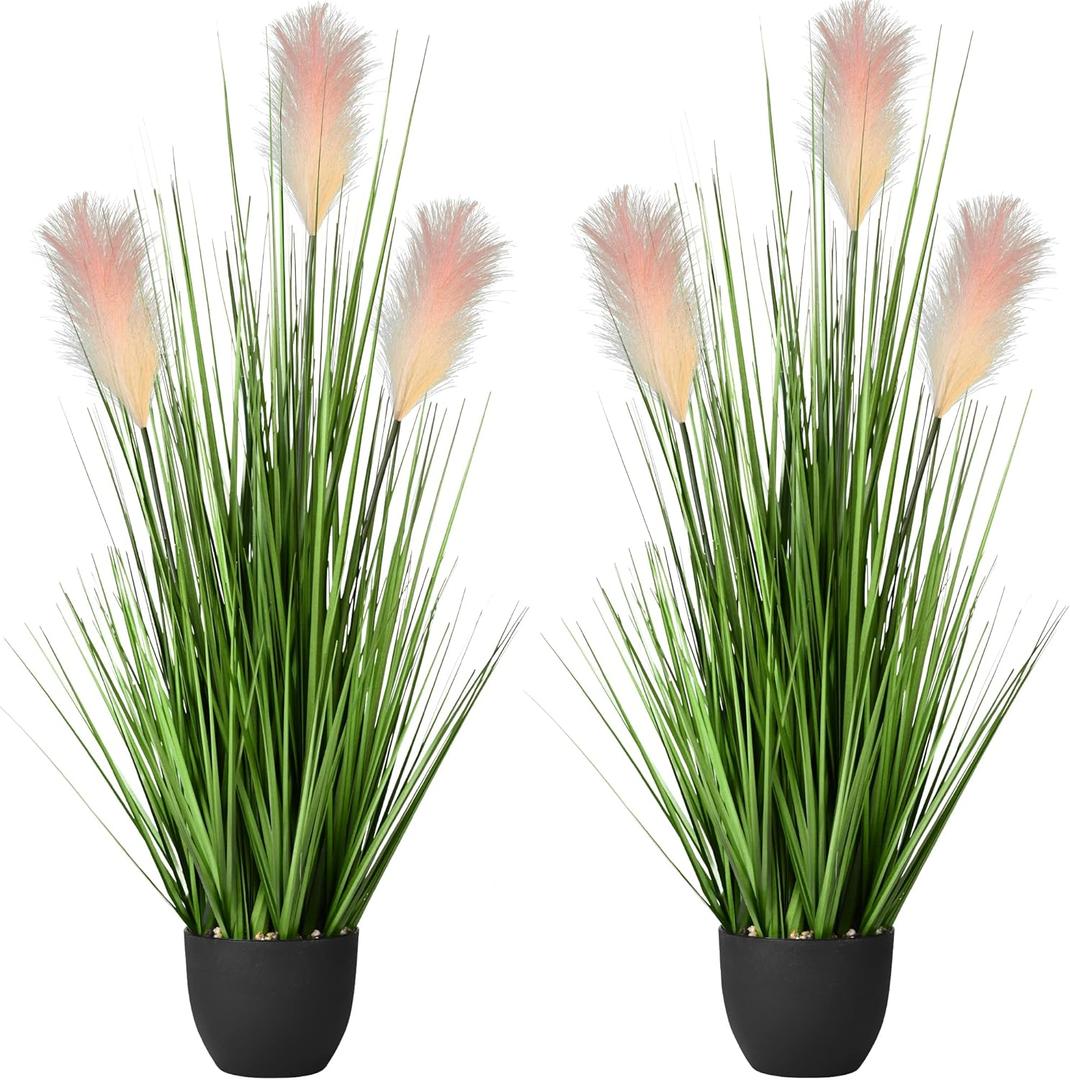 2 Pack Artificial 34" Greenery Floor Plants with Reed Flowers, Tall Fake Plant Potted, Faux Pampas Grass Plants for House Decorations, Lobby, Bathroom, Wedding, Garden Indoor Outdoor(Yellow Gradient)