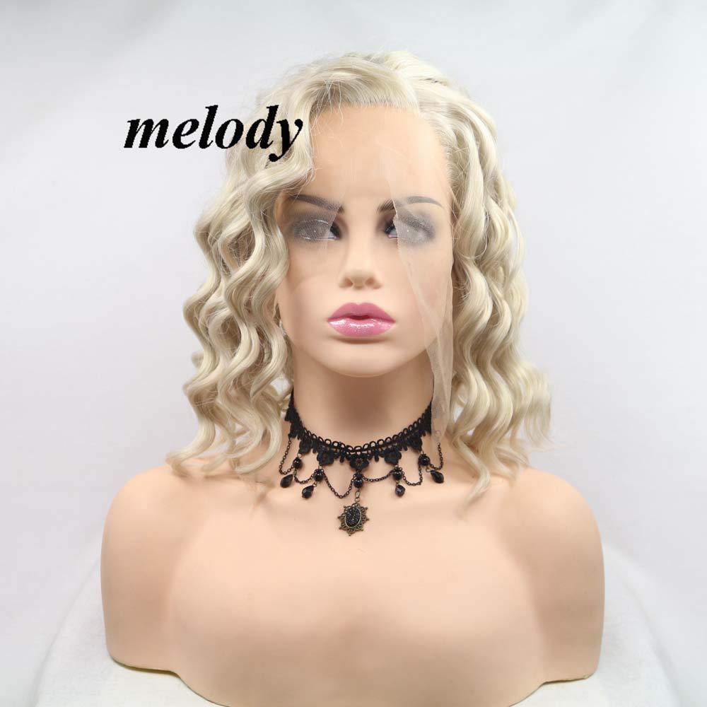 Melody Mixed Blonde Wig Short Curly Wigs Synthetic Lace Front Wigs Synthetic Blonde Hair Heat Resistant Fiber Short Hair Wigs Side Parting Cosplay Wigs 14inches