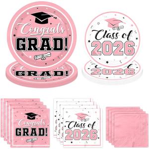 Graduation Party Plates and Napkins Pink Class of 2026 Grad Congrats Party Supplies Disposable Dessert Paper Plates Cocktail Napkins for Graduation Party Decorations, Serve 50