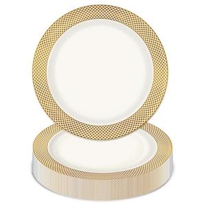 Boocikey 20 Pcs Gold Plastic Plates, 7.5 Inch Gold Dessert Plates, White and gold plastic Plates plastic Appetizer Small Cake plates with gold Grid Rim for Thanksgiving Party Anniversary Weeding
