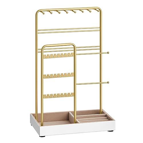 SONGMICS Jewelry Holder, Jewelry Organizer, Jewelry Display Stand with Metal Frame, Velvet Tray, Necklace Earring Bracelet Holder, for Studs, Rings, Gift Idea, Pale Gold UJJS021A01