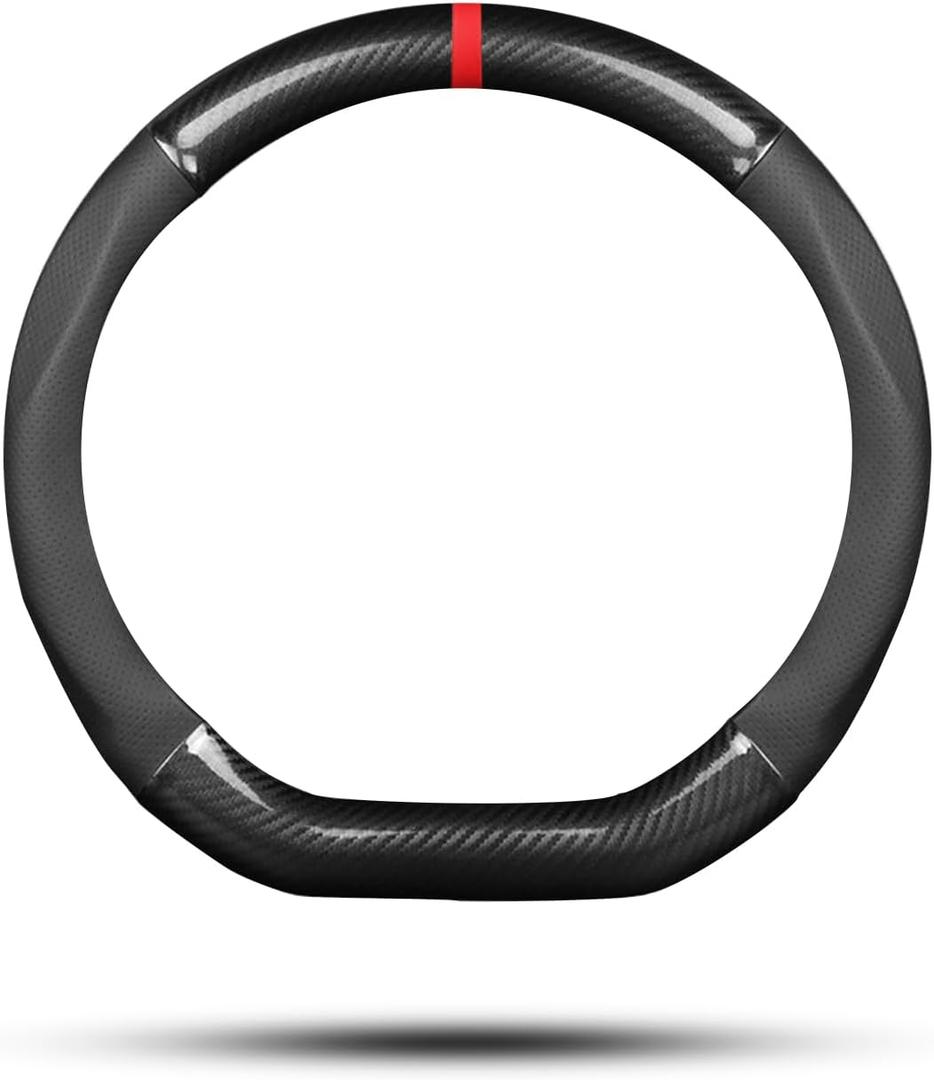 Ergocar Car Steering Wheel Cover Non-Slip Car Steering Wheel Protector Sport D-Shape Carbon Fiber & PU Leather Universal for Diameter 38cm(15") (Black-Stripe-U)