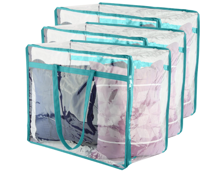 Clear Vinyl Zippered Storage Bags (3Pack) 40L Sturdy Storage Bags for Sweaters, Blankets, Comforters, Bedding Sets and Much More! (Turquoise, 18x15x9)