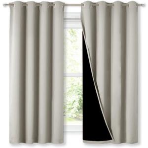NICETOWN Natural 100% Blackout Lined Curtains, 2 Thick Layers Completely Blackout Window Treatment Thermal Insulated Drapes for Kitchen/Bedroom (1 Pair, 52 inches Width x 63 inches Length Each Panel)