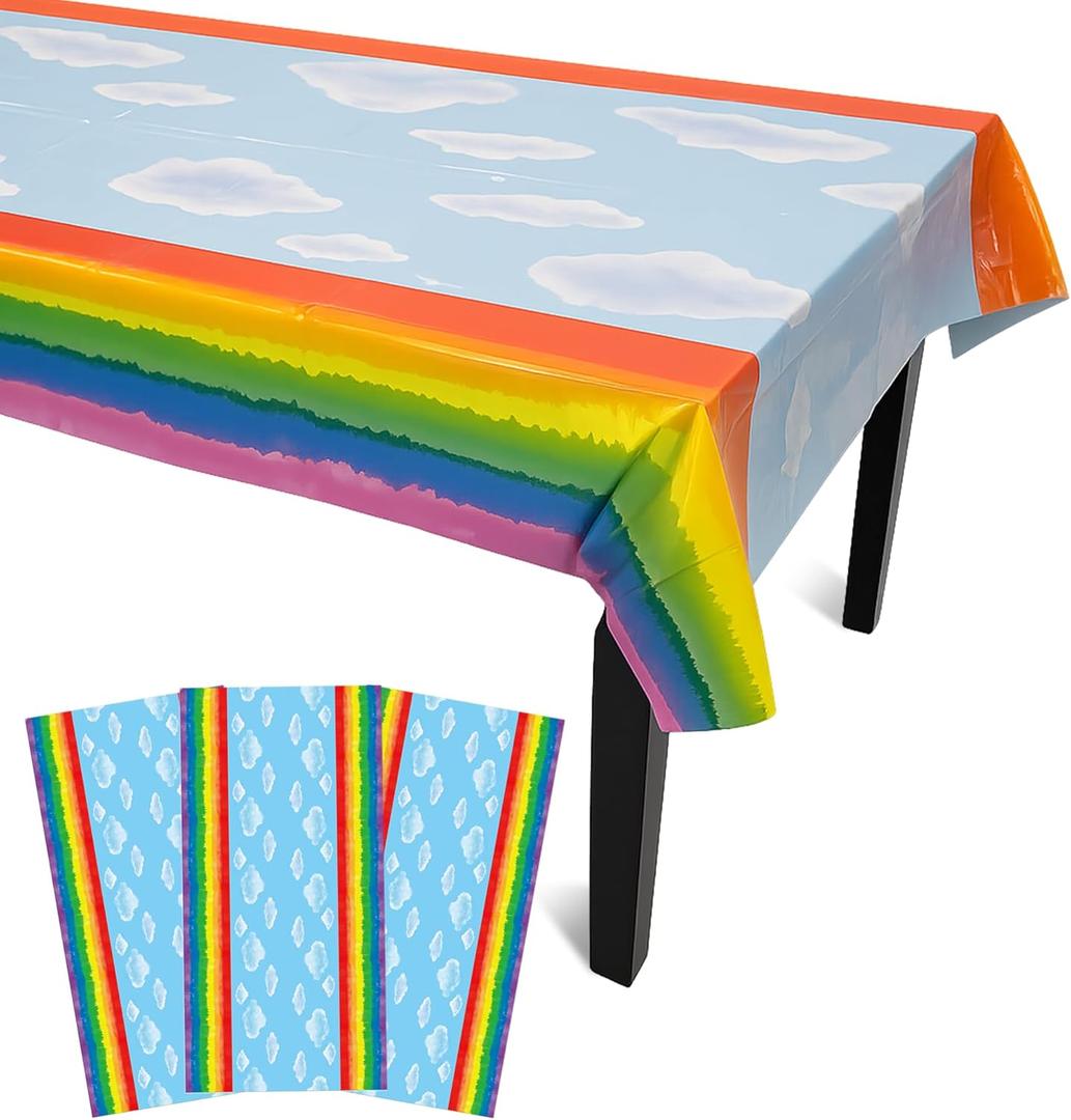 Iconikal 3-Pack Rainbow Tablecloth, 108 x 54 Inches, Disposable Pride Party Cover