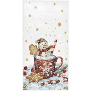 Pfrewn Christmas Winter Hand Towels for Bathroom Gingerbread Cookie in Cup Kitchen Dish Hanging Towels Golden Snowflakes Snowy Shower Guest Towel Xmas Holiday Decor 16x30 in