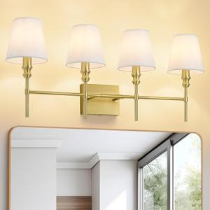 Bathroom Lights Over Mirror, 32.3 in 4-Light Bathroom Vanity Light, Brass Bathrooms Light Fixtures with Flared White Fabric Lampshade for Bedroom,Living Room,Dressing Table,Hardwired,E12 Base
