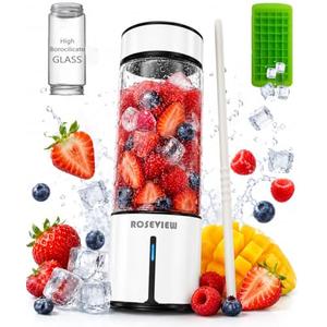 Portable Smoothie blender ROSEVIEW Glass bottle USB rechargeable mini Handheld Ice Shakes Cup 2 blend juicer Cordless Personal smoothies maker Fruit blast mixer