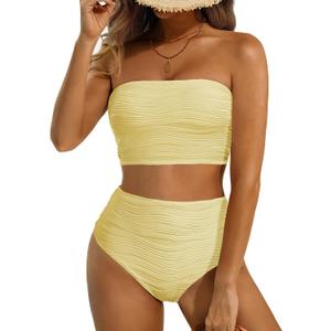 High Waisted Bandeau Bikini Set - Women Strapless Two Piece Swimsuits Ribbed Longline Full Coverage Bathing Suits Swimwear (Yellow, Large)