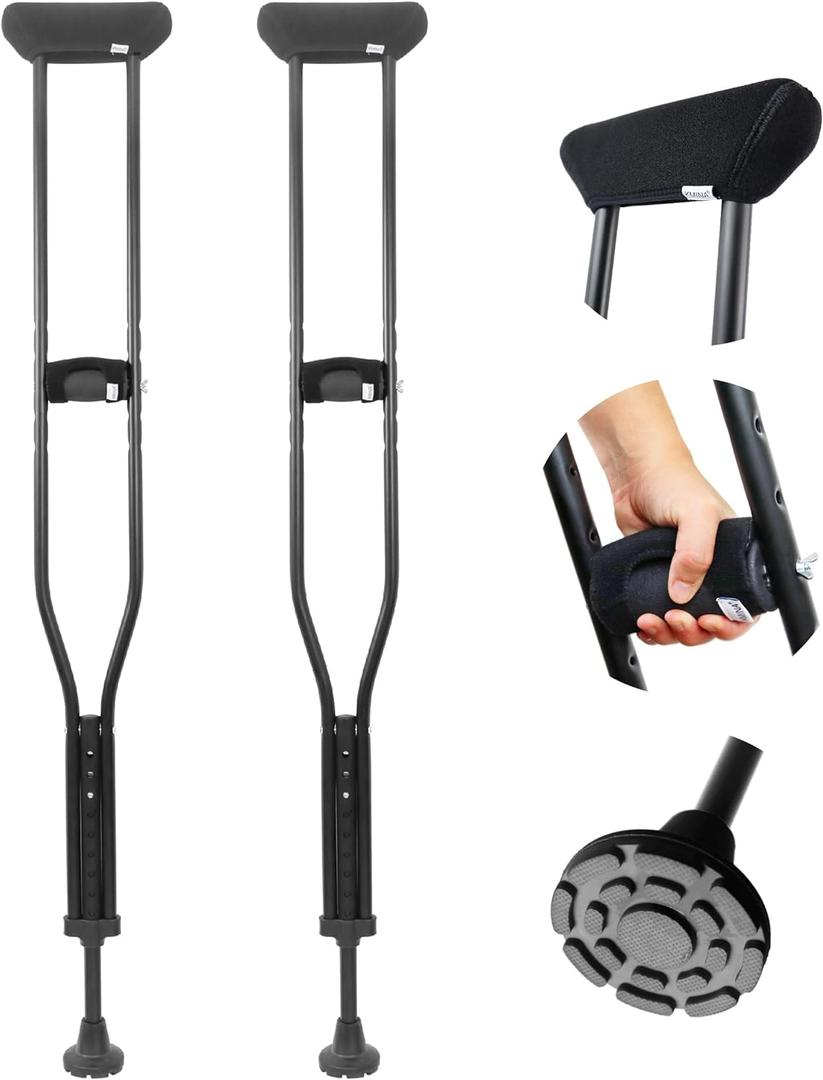 KMINA Underarm Crutches for Adults with Padded Handle (x2 Units, Size M), Height Adjustable, Women and Men, Aluminium, Made in Europe, Black
