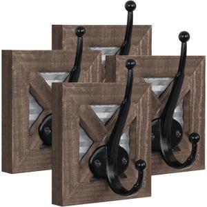 Autumn Alley Farmhouse Bathroom Hooks - 4 Pack Rustic Wall Hooks for Towels, Coats, and Robes - Wood and Galvanized Metal - Wall Mount (Brown)