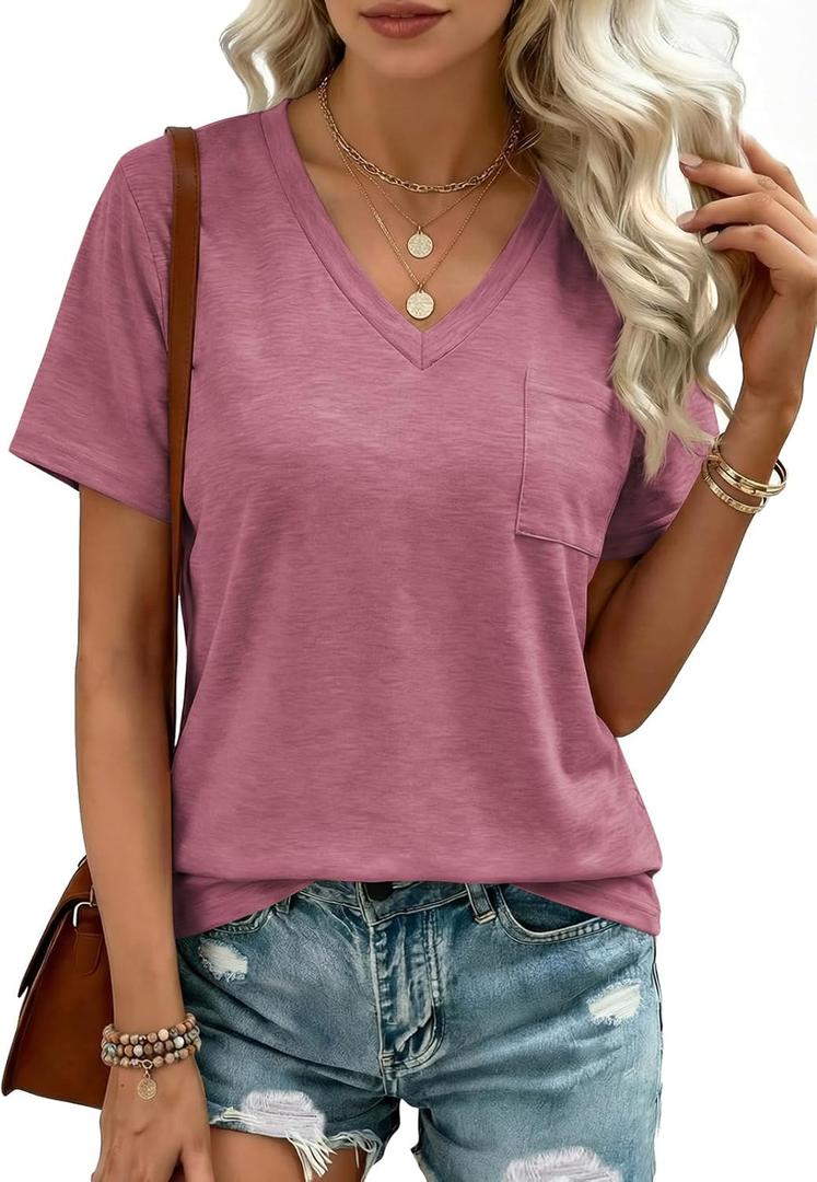 Womens V Neck Tshirts Short Sleeve Loose Casual Summer Tops with Pokcet (Medium, Bean Red)