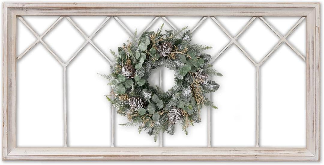 Sintosin Rustic Wood Window Frame Wall Decor 40 x 20 inches, Hanging Washable White Farmhouse Faux Windows Frames for Walls, Decorative Wall Art for Living Room Bedroom Hallway Christmas