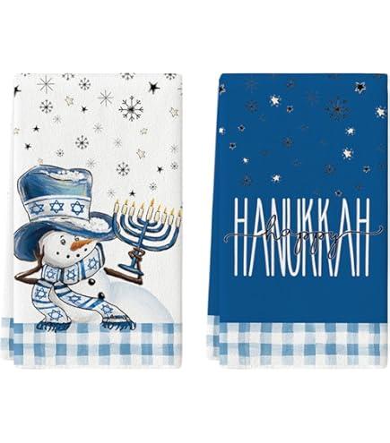 Funny Jewish Holiday Kitchen Towel, Happy Hanukkah Menoprah Jewish Holiday Towel, Hostess and Housewarming Gift, Blue and Gold Handmade Dish Towel (Menorah Happy Hanukkah)