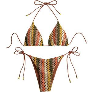 ZAFUL 2 Piece Triangle Bikini for Women Knitted Rope Halter Bikini Sets Sexy Bathing Suit Side Tie Swimsuits Beachwear (Small, Brown)
