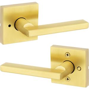 Kwikset Halifax Interior Privacy Door Handle with Lock, Door Lever for Bathroom and Bedroom, Satin Brass Reversible Keyless Push Button Lock Door Lever, with Microban Protection (Square)