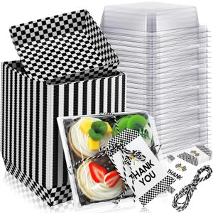 Tioncy 50 Sets Race Car Party Charcuterie Boxes with Ropes and Cards Black and White Checkered Disposable Paper Food Containers Dessert Boxes Race Car Party Supplies for Sandwich Cookie Snack
