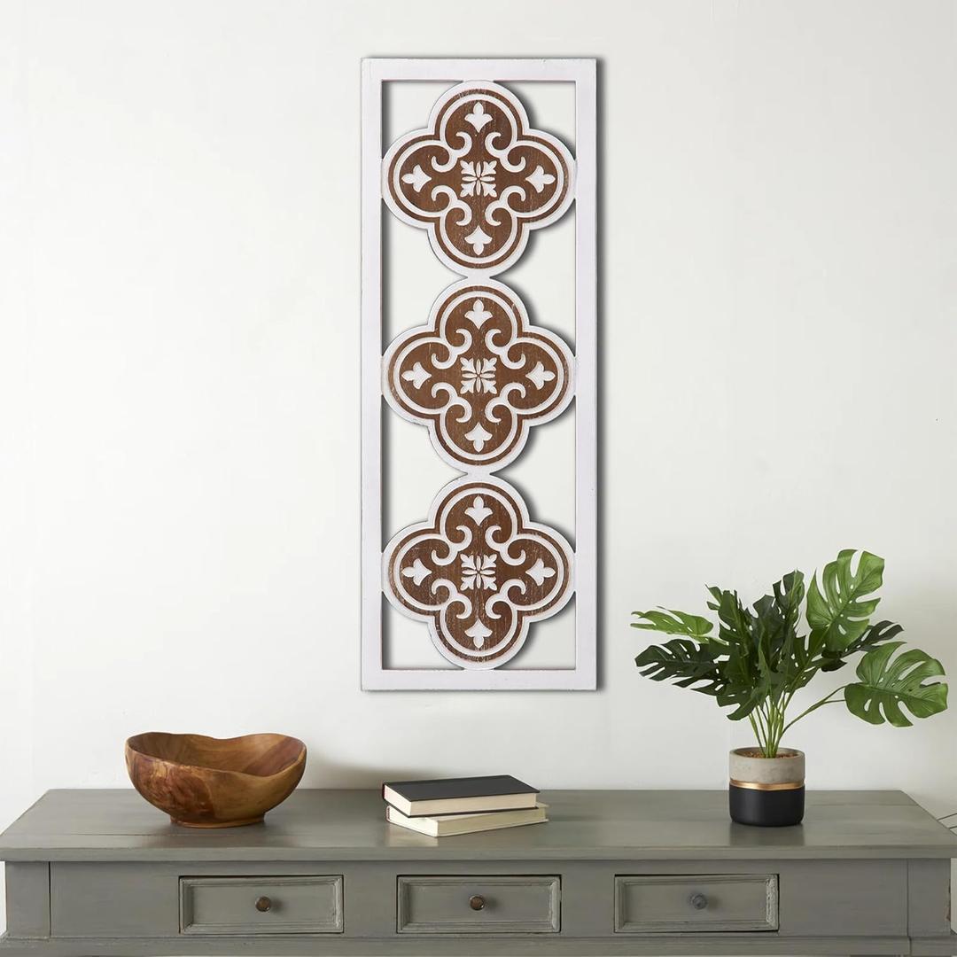 Sintosin Rustic Quatrefoil Wood Panels for Wall Decor 12 x 32 Inch, Hanging Distressed White Floral Wall Plaques, Decorative Wall Art Decor, Farmhouse Living Room Wall Decor