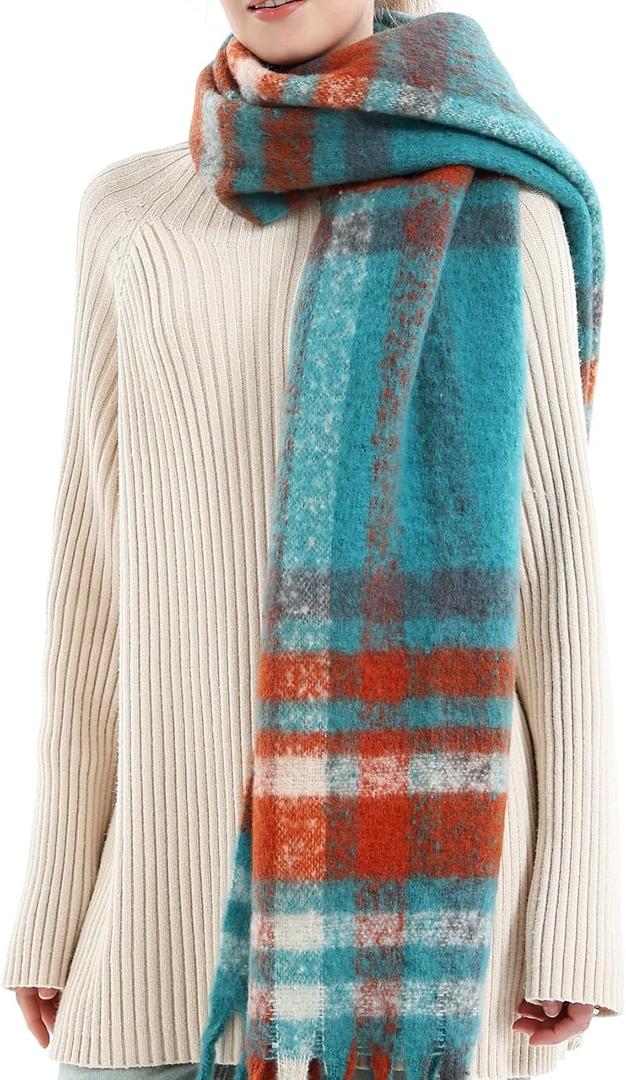 Double Couple Vintage Scarfs for Women Winter Warm Shawls and Large Scarves Cold Weather Thick Cashmere Scarfs Colorful Plaid (Blue+red)