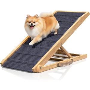 Adjustable Dog Ramp for Bed - 48" Long Foldable Wooden Ramp for Dogs to Get on Bed, Couch, or Car with 16.5" Wide Walking Space (Natural Pine Wood with Gray Carpet, Large)