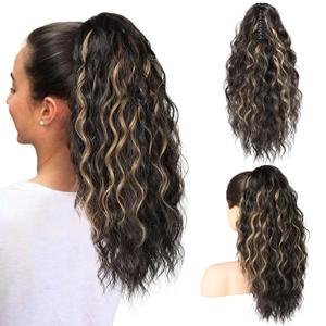 SEIKEA 18" Long Claw Highlight Ponytail Extension, PT002 Tia Multi Layered Wavy Fluffy Thick Jaw Clip in Hair Extensions Ponytail Soft Natural Synthetic Hairpiece Dark Brown Natural Blonde Highlights