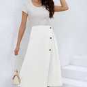 CHARTOU Women's Summer Linen Elastic Back Buttoned Swing Midi A Line Skirt (White, XL)