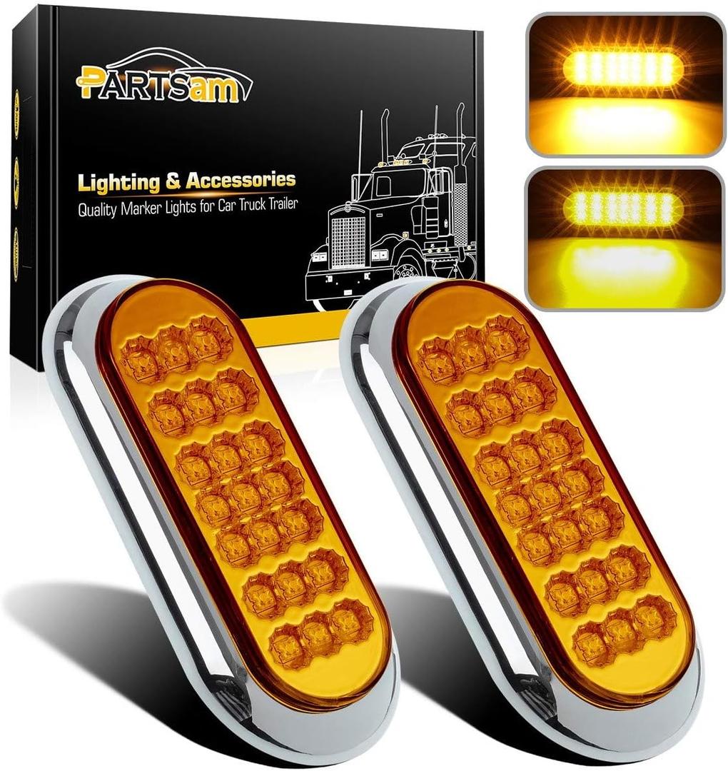 Partsam 2Pcs 6-1/2" Oval Amber Led Trailer Lights 21 LED Flange Mount w Reflectors Turn Signal Park Side Marker LED Light for Truck Trailer Trail Bus 12V LED Trailer Parking Light w Chrome Bezels