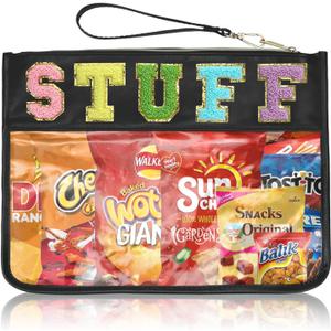 Siwara Snack Bags Clear Pouch Travel Makeup Bag Chenille Letter Bags for Zipper Pouch Clear Cosmetic Bag Clearly Tote Bag Makeup Travel Bags for Women (Black--Stuff)