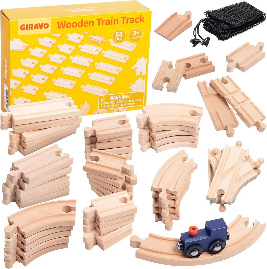 Wooden Train Track Set 53pcs, Wood Train Tracks Accessories Expansion Pack fits Melissa and Doug, fits Brio, fits Thomas, Montessori Toys, Birthday Gift for Boys Girls Toddler Kids (Train Track)