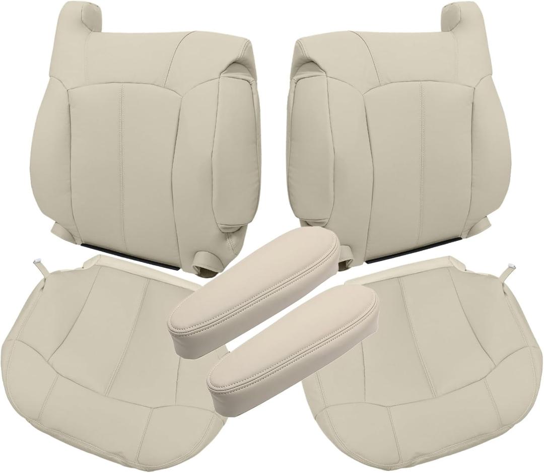 Priprilod Light Tan 522 or 922 Microfiber Leather Driver & Passenger Side Bottom & Top Lean Back & Armrests Replacement Seat Covers Compatible with Chevy Tahoe Suburban 1500 2500 1999 2000 2001 2002
