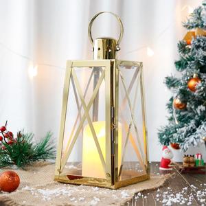 TRIROCKS Stainless Steel Decorative Lantern 12''H Metal Outdoor Candle Holder Hanging Candle Lantern with Tempered Glass for Christmas Home Wedding Living Room Parties Indoor Outdoor(Gold Trapezoid) (normal)