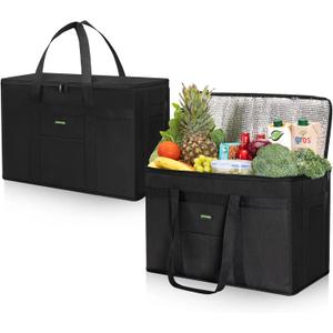 JUNGYOON Heavy-Duty Insulated Grocery Bags & Insulated Bag  Collapsible Cooler Bag with Zippered Top (20''x10''x13'', 2 Pack-Black-42L)