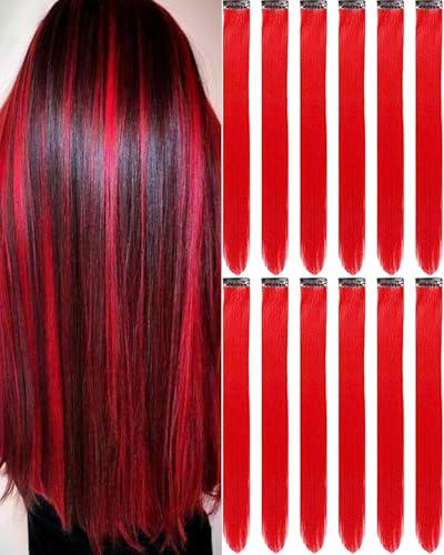 Set Of 3: Olldag 12 PCS Red Hair Extensions Clip in, 22 Inch Colored Hair Extensions Party Highlights Long Straight Synthetic Hairpieces for Women Cosplay