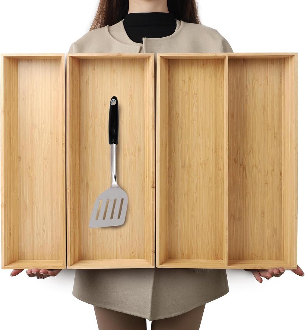 BAMOTTO CRAFTBAMBOO V-Shaped 3-Pack 19.6" Long Bamboo Drawer Organizer Box - Easy Reach Cutlery Tray for Flatware Silverware Utensil, Kitchen & Home Use (19.6"x5.7"/19.6"x7.8"/19.6"x12.4")