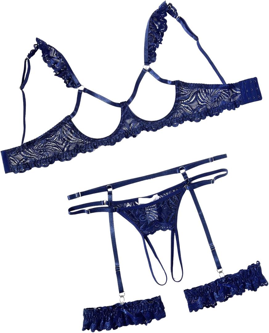 Avidlove Sexy Lingerie for Women Underwire Floral Lace Bra and Panty Garter Lingerie Sets (Medium, Navy Blue)