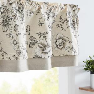 jinchan Linen Valance Curtain Farmhouse Black Floral Small Window Curtain Double Layer Blackout Fall Valance for Kitchen Rustic Biege for Living Room Bedroom 18 Inch Rod Pocket One Panel