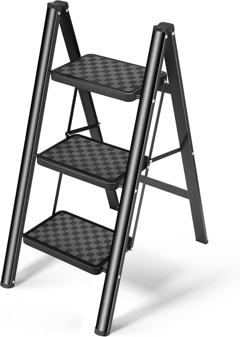 HBTower Step Ladder, Folding Step Stool, Portable Sturdy Steel Ladder Stool for Adults with Anti-Slip Wide Pedals Home Outdoor Kitchen, Black HBTower Step Ladder, Folding Step Stool, Portable Sturdy Steel Ladder Stool for Adults with Anti-Slip Wide Pedals Home Outdoor Kitchen, Black