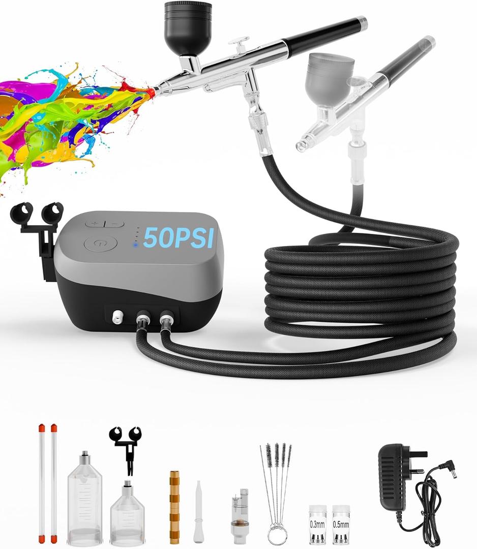 Airbrush Kit with Air Compressor,Dual-Action & Dual-Airflow 50 PSI High Pressure Air Brush with 0.2/0.3/0.5mm Nozzles & Cleaning Sets, for Painting, Nails, Modeling, Cake Decor, Makeup
